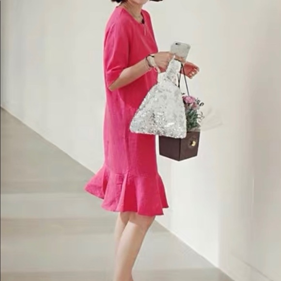 100% Linen dress, watermelon red - Picture 4 of 4